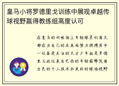 皇马小将罗德里戈训练中展现卓越传球视野赢得教练组高度认可